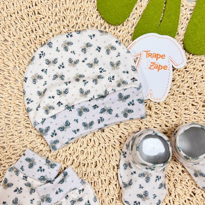 Kit Touca/Luva/Sapatinho - Borboletas - Areia